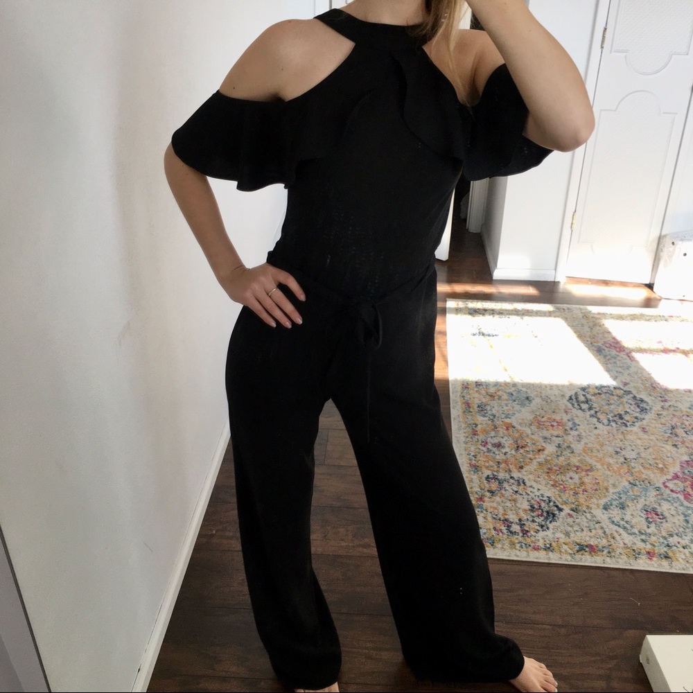 Boston Proper | black cold shoulder pantsuit